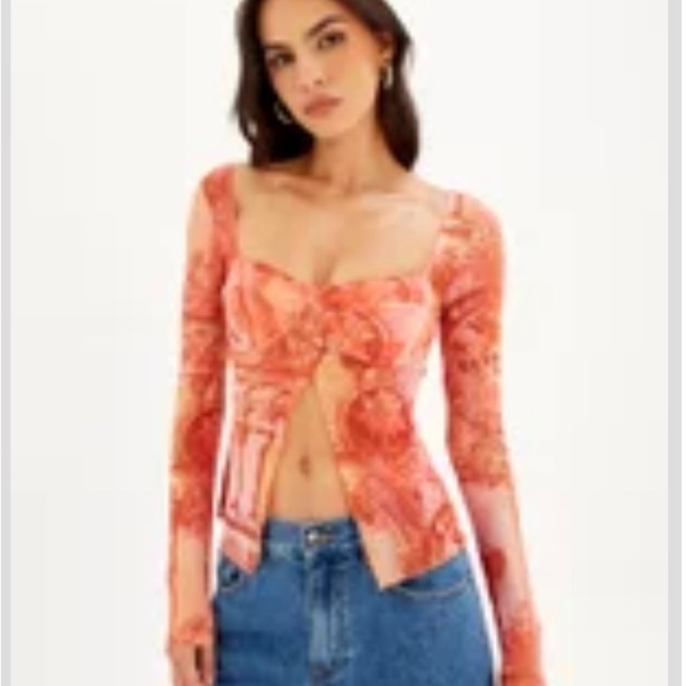 Glassons Print Mesh Split Front Long Sleeve Top Size XS